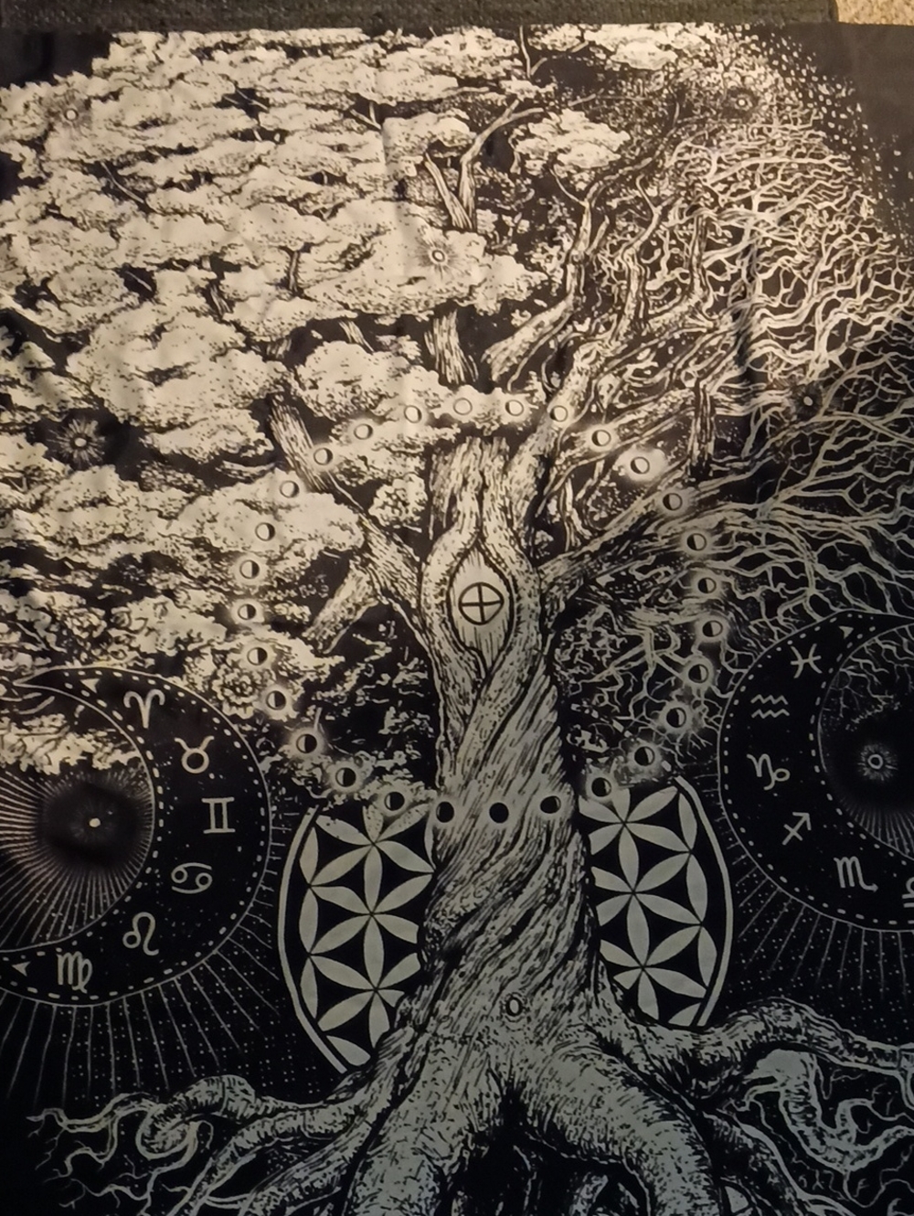 Black & White Tree of Life Shower Curtain with Zodiac Motifs